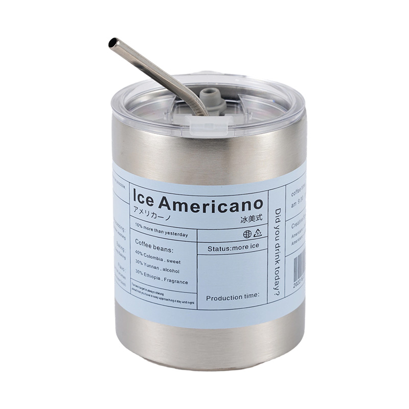 Taza de viaje minimalista de acero inoxidable con tapa de paja